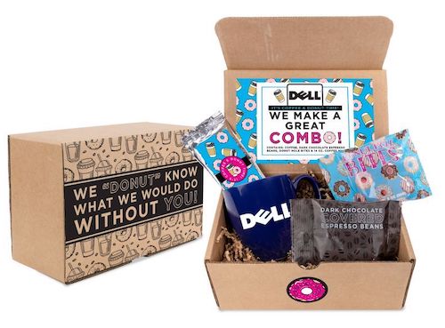 Coffee and Donut Swag Box is becoming a popular merchandise kit. Ideal for meetings and trips.